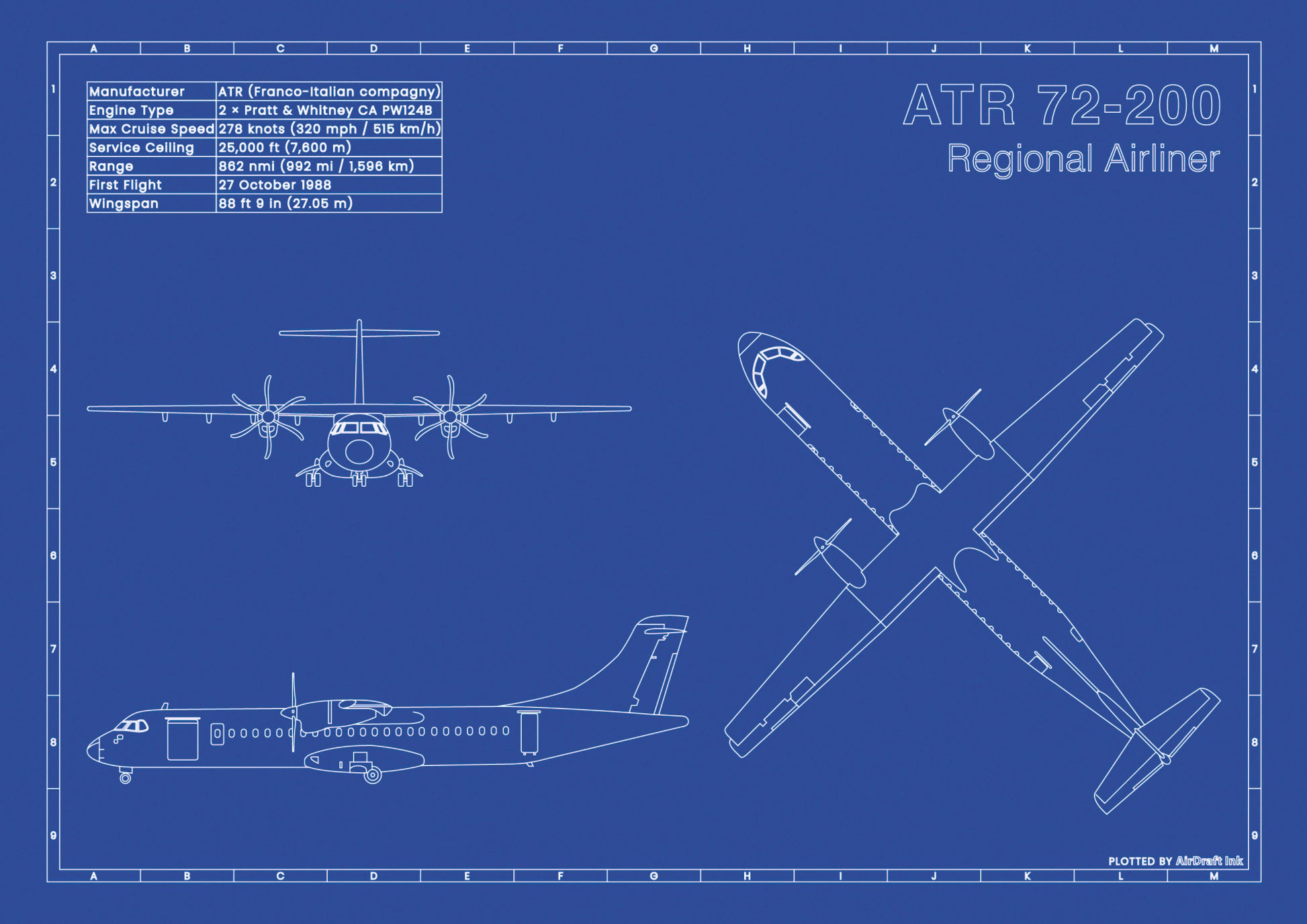 ATR 72-200 technical aircraft plan drawing in blueprint style, aviation wall art poster gift for aircraft enthusiasts and pilots.