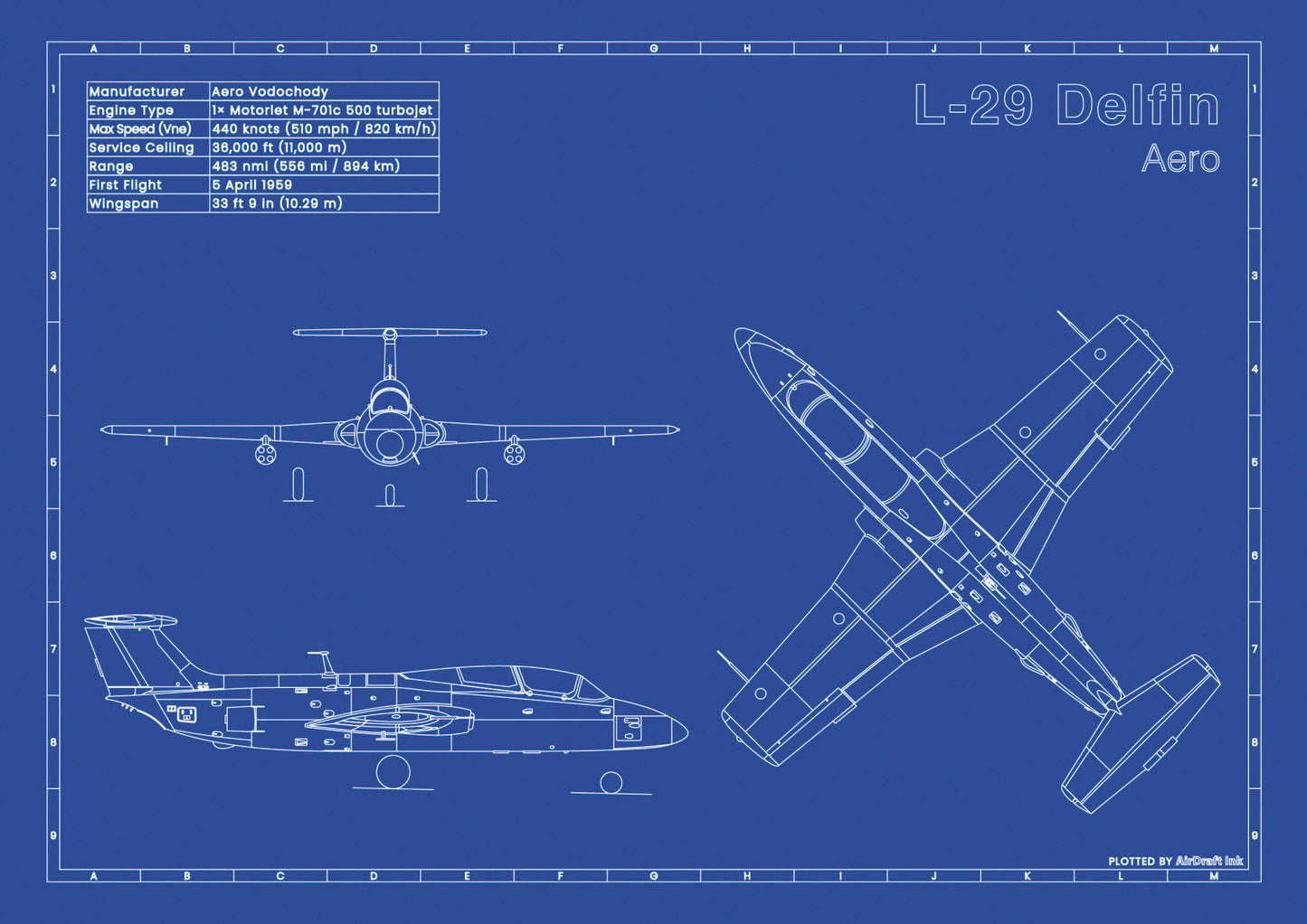 Aero L-29 Delfin technical aircraft plan drawing in blueprint style, aviation wall art poster gift for aircraft enthusiasts and pilots.