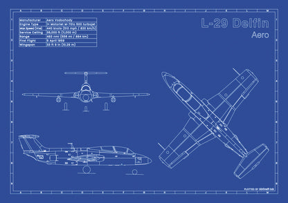 Aero L-29 Delfin technical aircraft plan drawing in blueprint style, aviation wall art poster gift for aircraft enthusiasts and pilots.