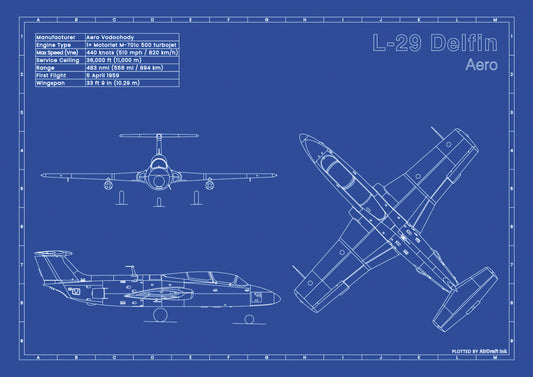 Aero L-29 Delfin technical aircraft plan drawing in blueprint style, aviation wall art poster gift for aircraft enthusiasts and pilots.