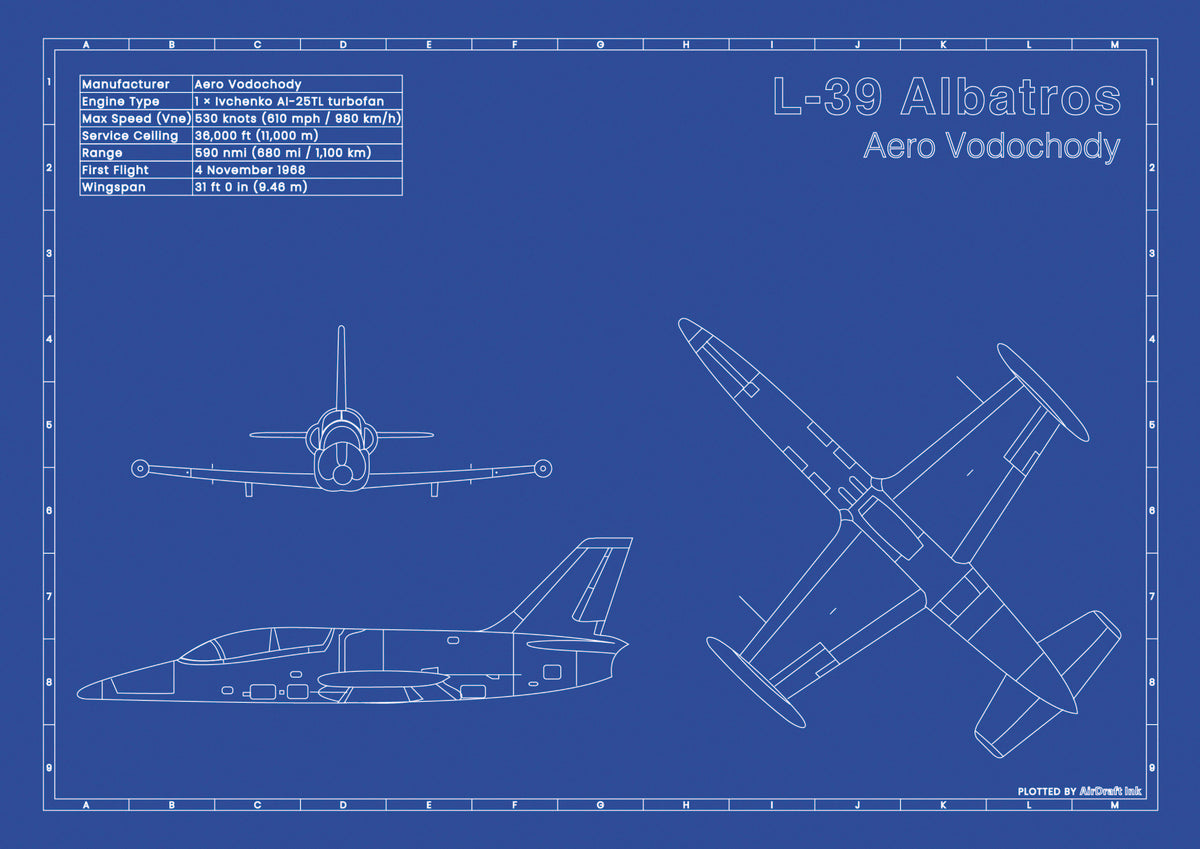 Aero L-39 Albatross technical aircraft plan drawing in blueprint style, aviation wall art poster gift for aircraft enthusiasts and pilots.