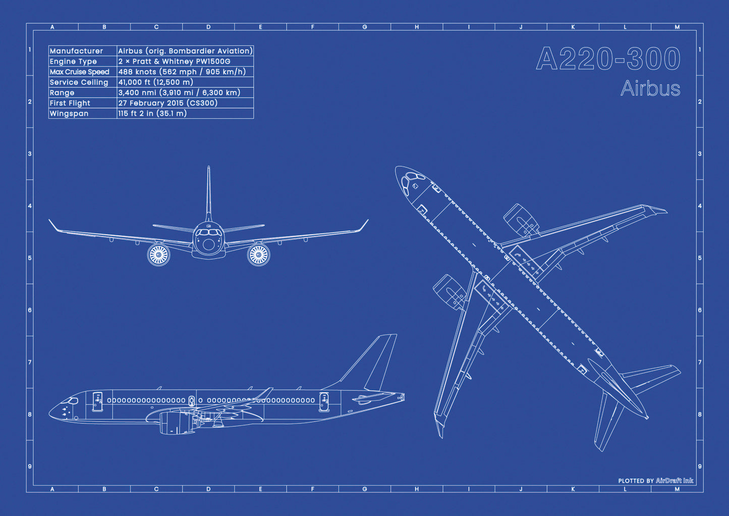 Airbus A220-300 technical aircraft plan drawing in blueprint style, aviation wall art poster gift for aircraft enthusiasts and pilots.