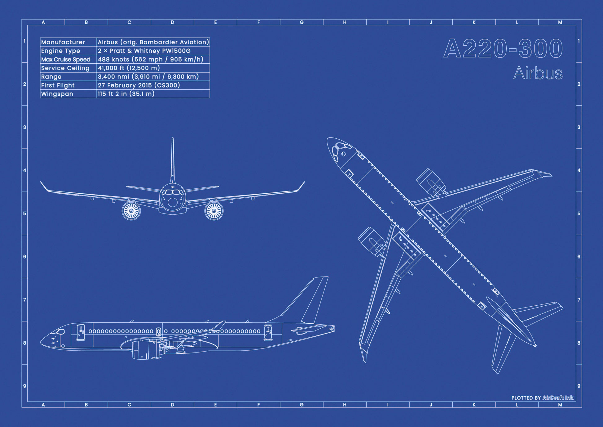 Airbus A220-300 technical aircraft plan drawing in blueprint style, aviation wall art poster gift for aircraft enthusiasts and pilots.