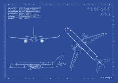 Airbus A220-300 technical aircraft plan drawing in blueprint style, aviation wall art poster gift for aircraft enthusiasts and pilots.
