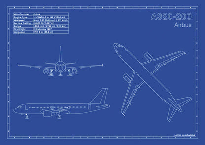 Airbus A320-200-technical aircraft plan drawing in blueprint style, aviation wall art poster gift for aircraft enthusiasts and pilots.