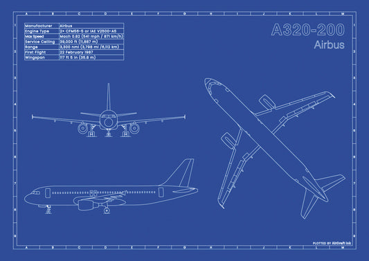 Airbus A320-200-technical aircraft plan drawing in blueprint style, aviation wall art poster gift for aircraft enthusiasts and pilots.