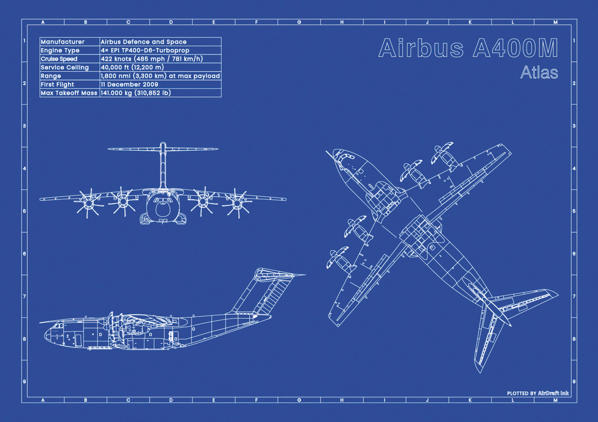 Airbus A400M Atlas technical aircraft plan drawing in blueprint style, aviation wall art poster gift for aircraft enthusiasts and pilots.