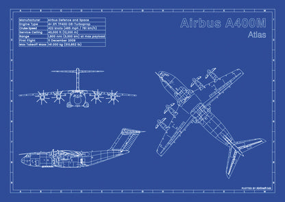 Airbus A400M Atlas technical aircraft plan drawing in blueprint style, aviation wall art poster gift for aircraft enthusiasts and pilots.