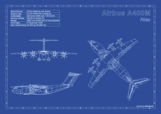Airbus A400M Atlas technical aircraft plan drawing in blueprint style, aviation wall art poster gift for aircraft enthusiasts and pilots.