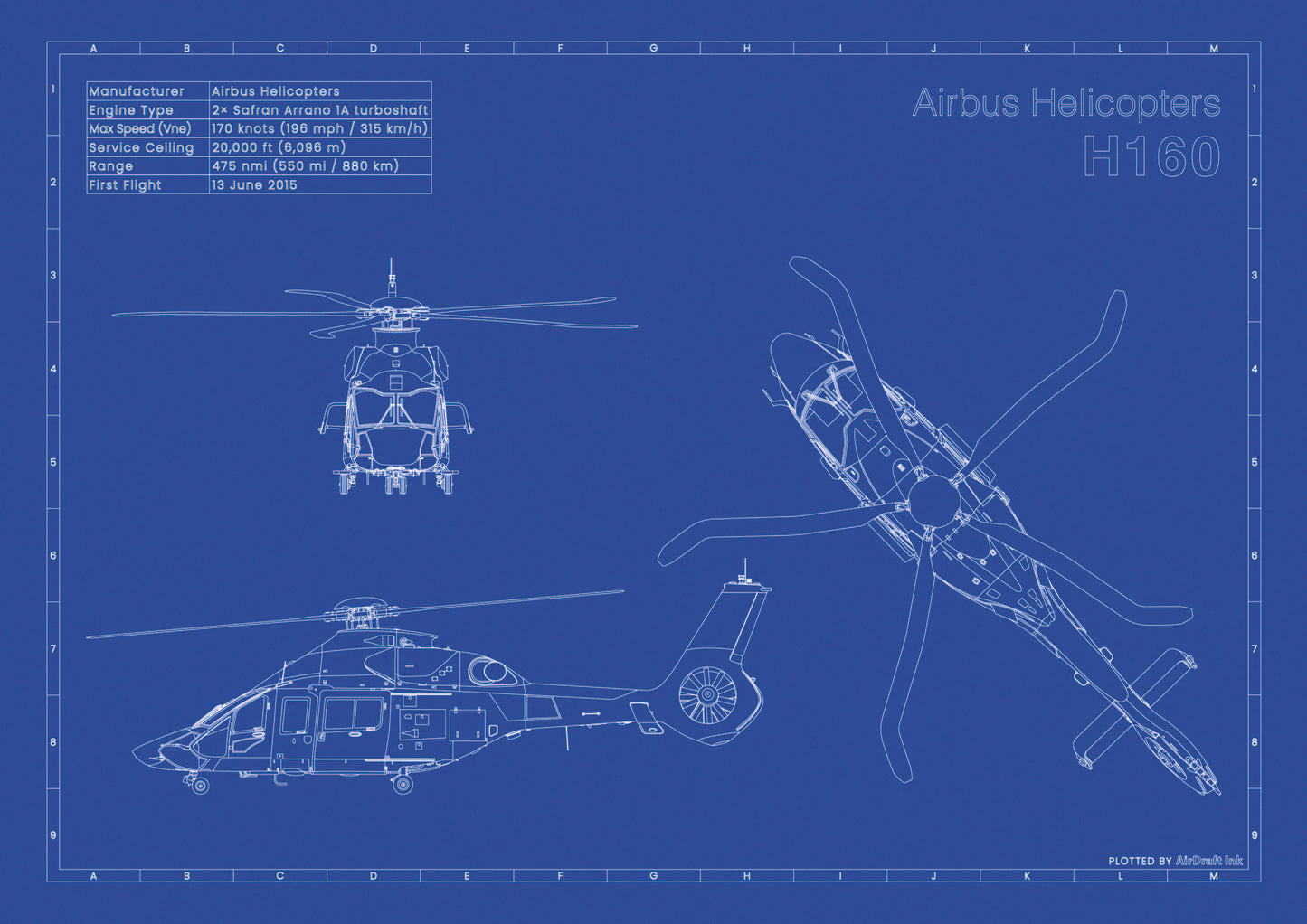 Airbus Helicopters H160 technical aircraft plan drawing in blueprint style, aviation wall art poster gift for aircraft enthusiasts and pilots.
