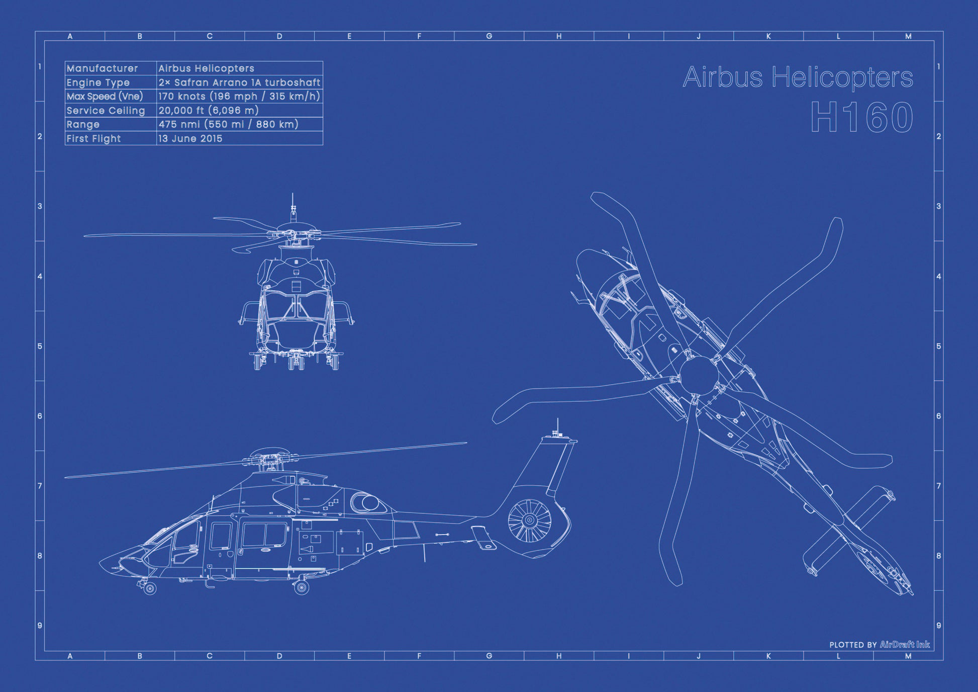 Airbus Helicopters H160 technical aircraft plan drawing in blueprint style, aviation wall art poster gift for aircraft enthusiasts and pilots.