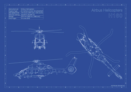 Airbus Helicopters H160 technical aircraft plan drawing in blueprint style, aviation wall art poster gift for aircraft enthusiasts and pilots.