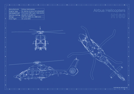 Airbus Helicopters H160 technical aircraft plan drawing in blueprint style, aviation wall art poster gift for aircraft enthusiasts and pilots.