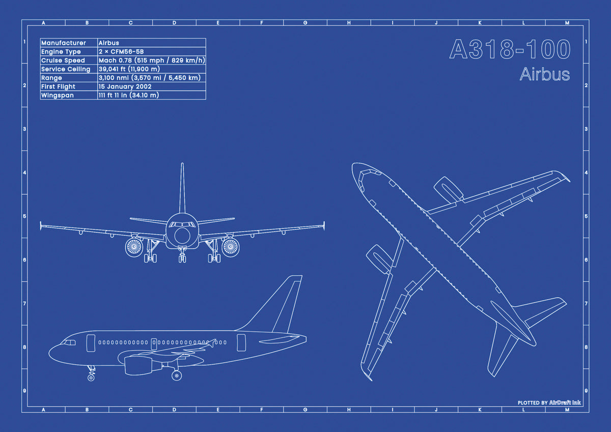 Airbus A318-100 technical aircraft plan drawing in blueprint style, aviation wall art poster gift for aircraft enthusiasts and pilots.