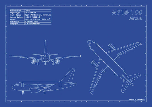 Airbus A318-100 technical aircraft plan drawing in blueprint style, aviation wall art poster gift for aircraft enthusiasts and pilots.