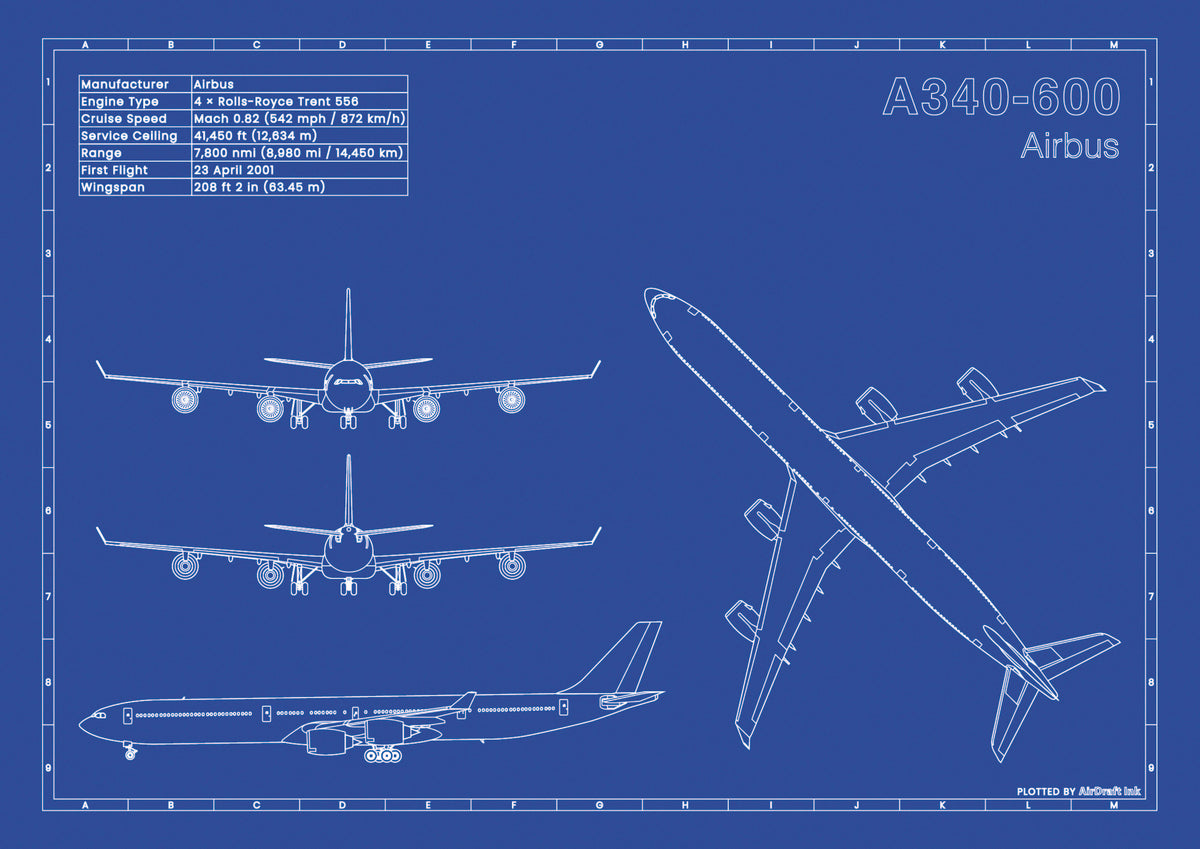 Airbus A340-600 technical aircraft plan drawing in blueprint style, aviation wall art poster gift for aircraft enthusiasts and pilots.