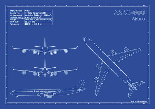 Airbus A340-600 technical aircraft plan drawing in blueprint style, aviation wall art poster gift for aircraft enthusiasts and pilots.