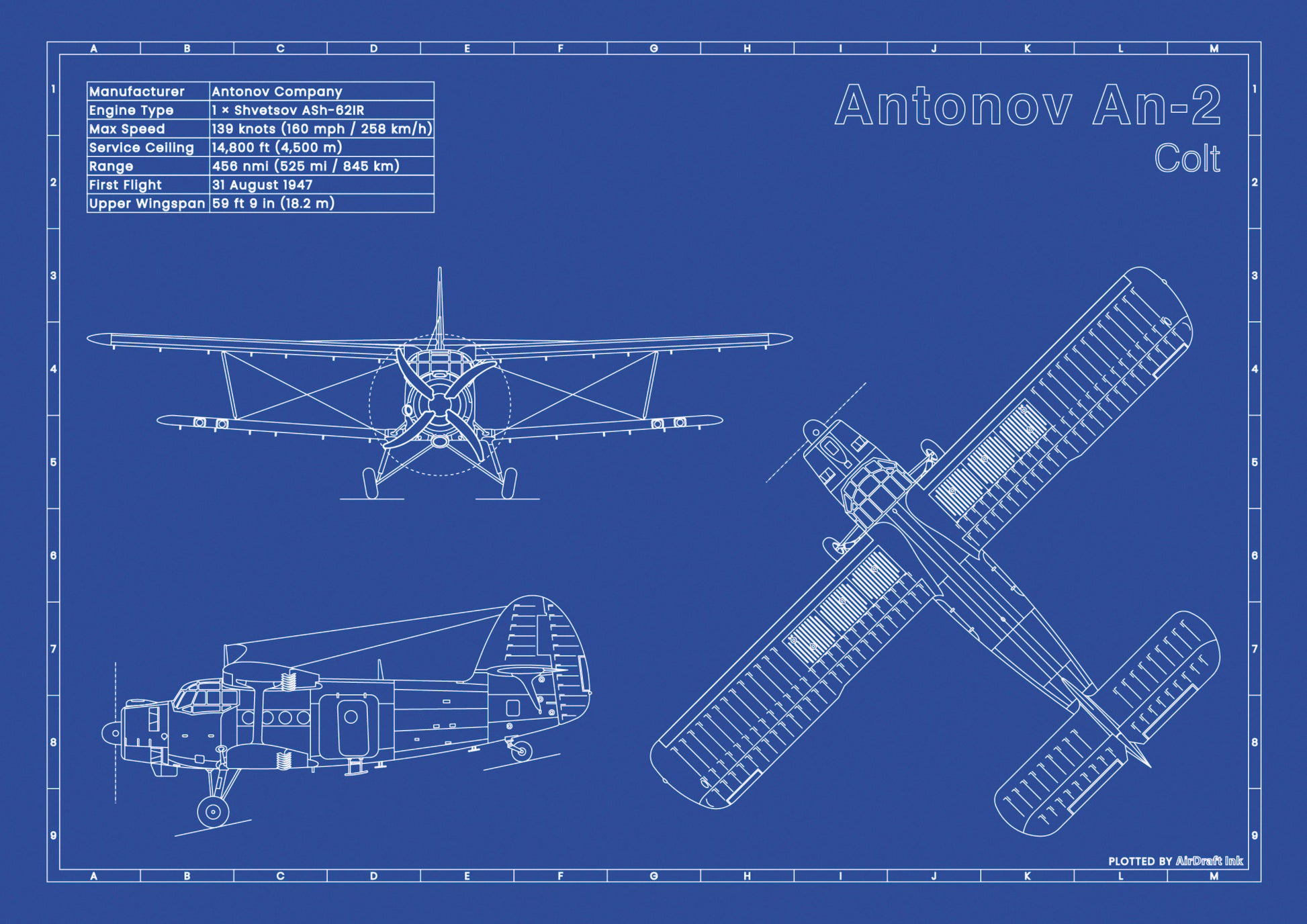 Antonov An-2 technical aircraft plan drawing in blueprint style, aviation wall art poster gift for aircraft enthusiasts and pilots.