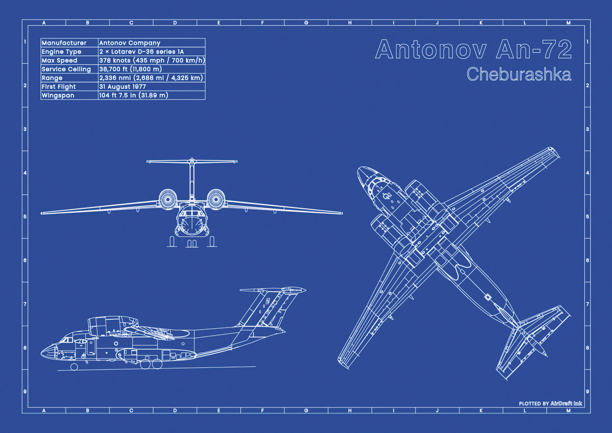 Antonov An-72 Cheburashka technical aircraft plan drawing in blueprint style, aviation wall art poster gift for aircraft enthusiasts and pilots.