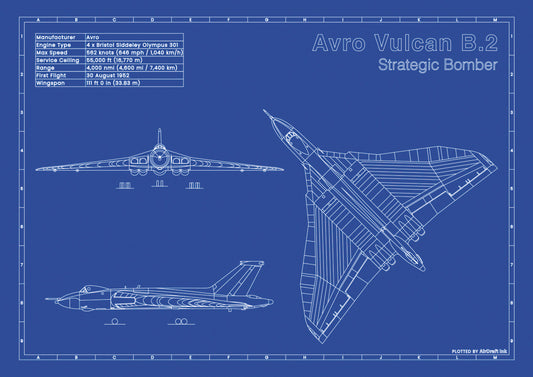 Avro Vulcan B.2 technical aircraft plan drawing in blueprint style, aviation wall art poster gift for aircraft enthusiasts and pilots.
