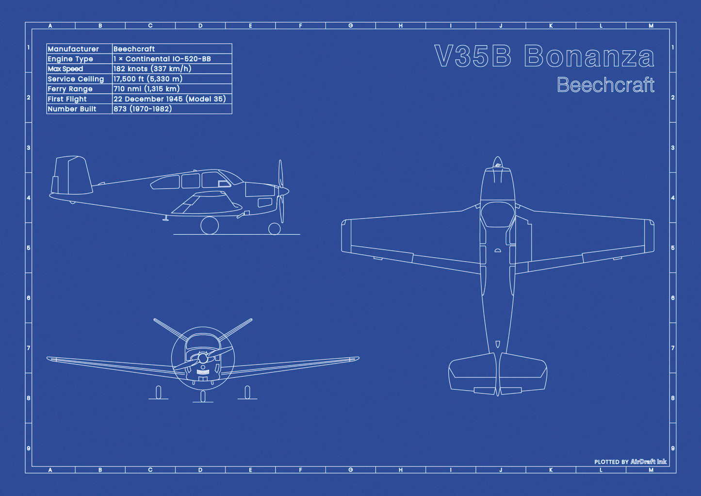 Beechcraft Bonanza V35B technical aircraft plan drawing in blueprint style, aviation wall art poster gift for aircraft enthusiasts and pilots.