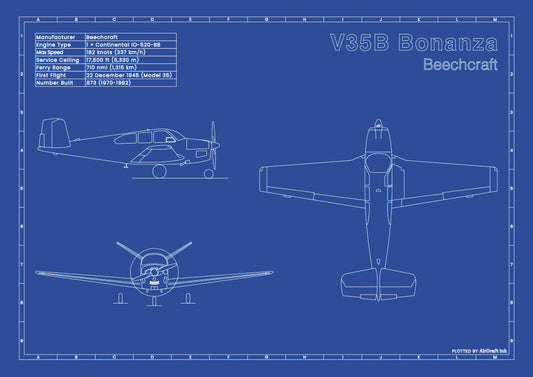 Beechcraft Bonanza V35B technical aircraft plan drawing in blueprint style, aviation wall art poster gift for aircraft enthusiasts and pilots.