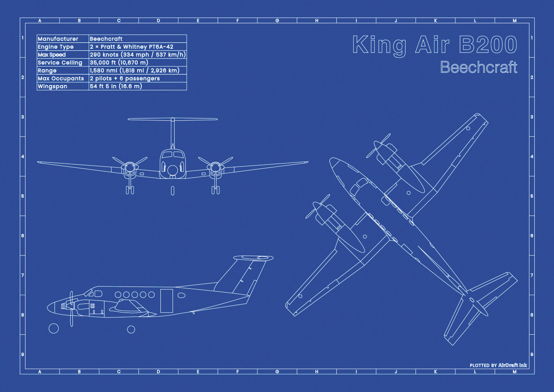 Beechcraft KIng Air B200 technical aircraft plan drawing in blueprint style, aviation wall art poster gift for aircraft enthusiasts and pilots.