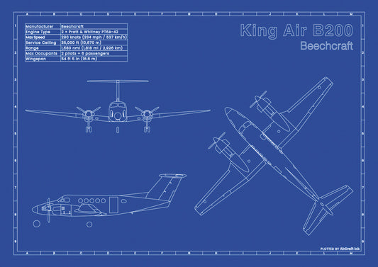 Beechcraft KIng Air B200 technical aircraft plan drawing in blueprint style, aviation wall art poster gift for aircraft enthusiasts and pilots.