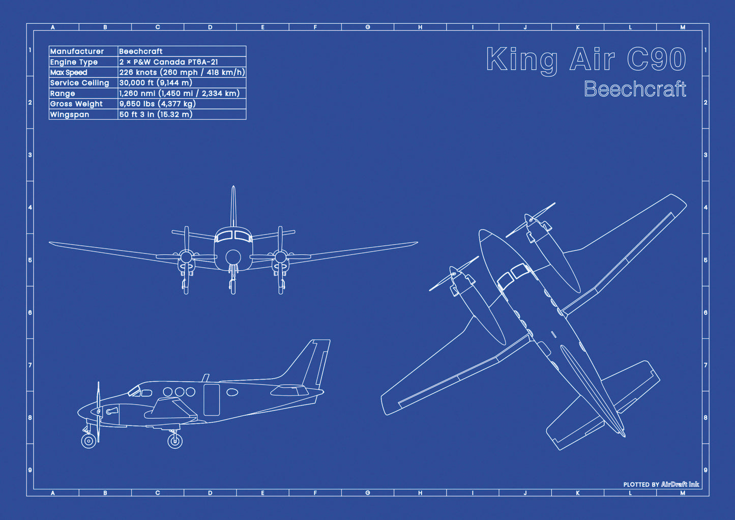 Beechcraft King Air C90 technical aircraft plan drawing in blueprint style, aviation wall art poster gift for aircraft enthusiasts and pilots.