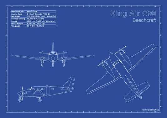 Beechcraft King Air C90 technical aircraft plan drawing in blueprint style, aviation wall art poster gift for aircraft enthusiasts and pilots.