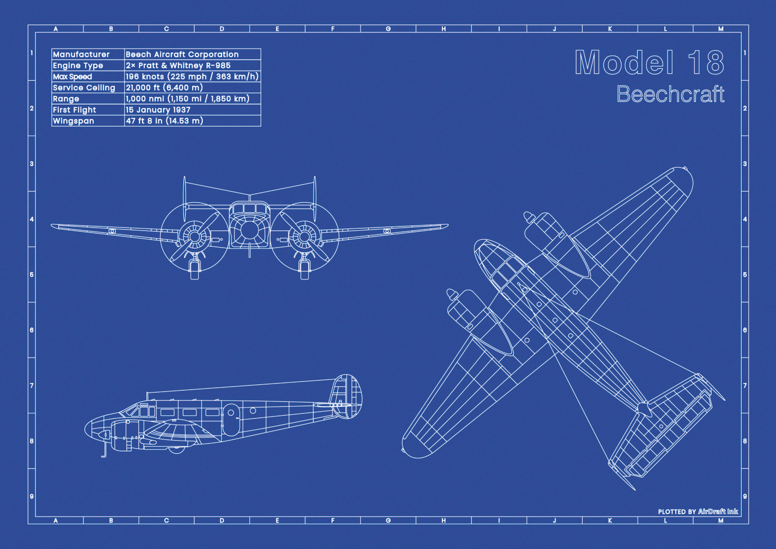 Beech Model 18｜Technical blueprint, Drawn in Ink｜Perfect gift for ...