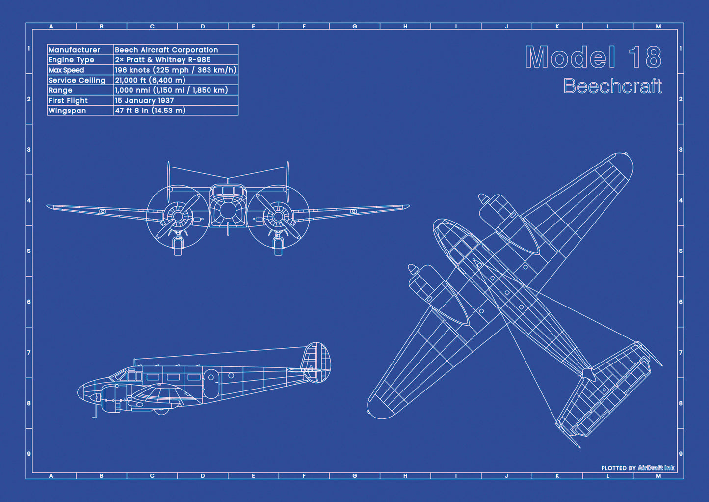Beechcraft Model 18 technical aircraft plan drawing in blueprint style, aviation wall art poster gift for aircraft enthusiasts and pilots.