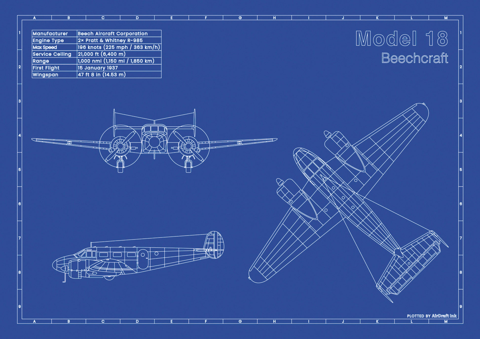 Beechcraft Model 18 technical aircraft plan drawing in blueprint style, aviation wall art poster gift for aircraft enthusiasts and pilots.