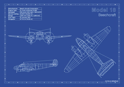 Beechcraft Model 18 technical aircraft plan drawing in blueprint style, aviation wall art poster gift for aircraft enthusiasts and pilots.