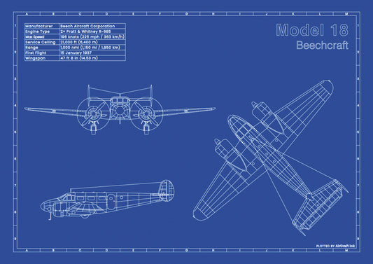 Beechcraft Model 18 technical aircraft plan drawing in blueprint style, aviation wall art poster gift for aircraft enthusiasts and pilots.