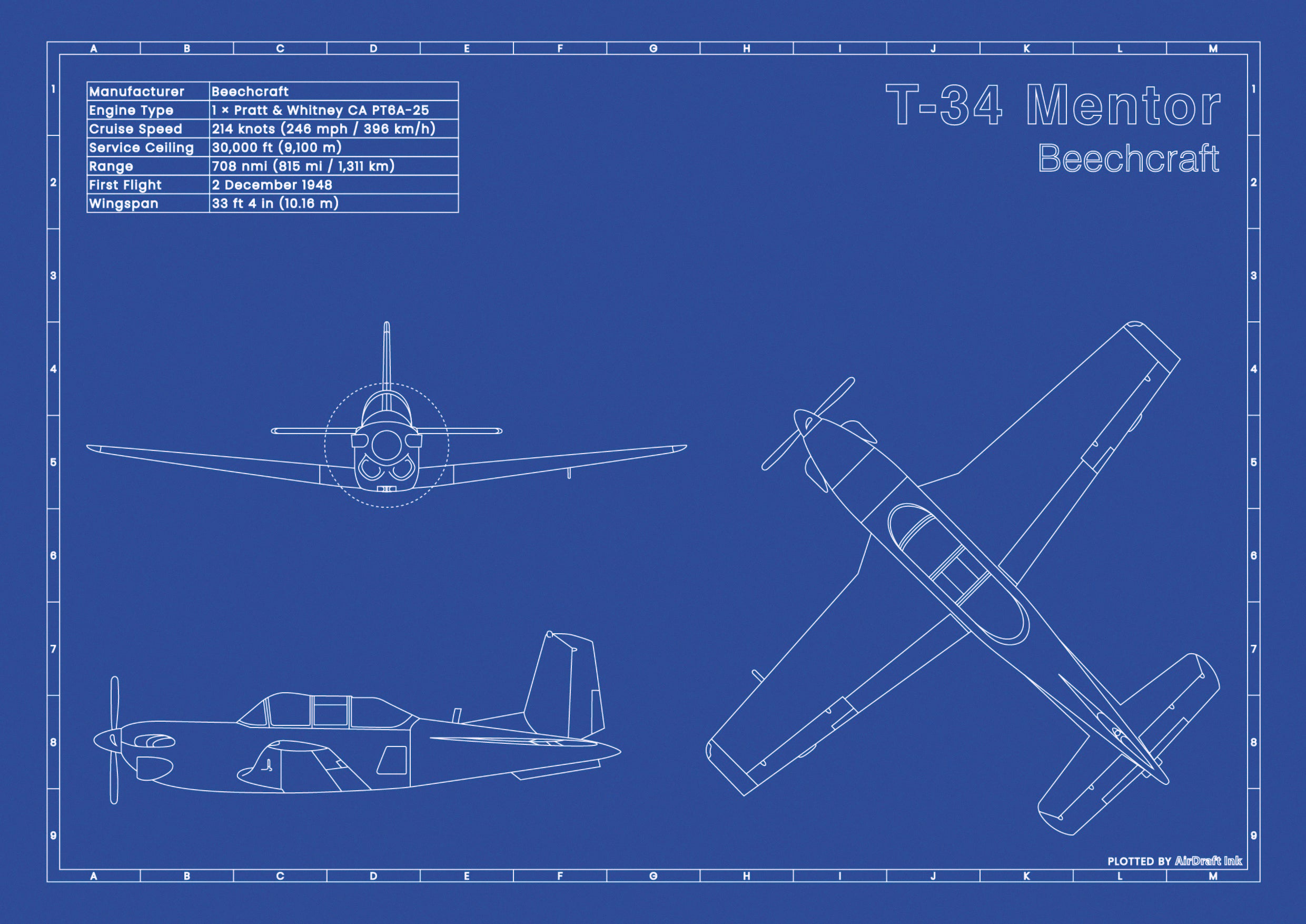 Beechcraft T-34 Mentor｜Technical blueprint, Drawn in Ink｜Perfect gift ...