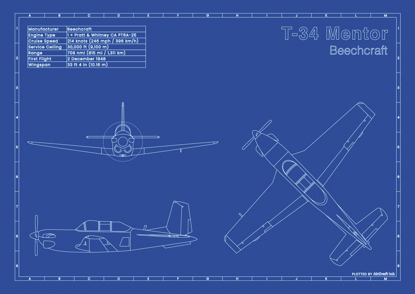 Beechcraft T-34 Mentor technical aircraft plan drawing in blueprint style, aviation wall art poster gift for aircraft enthusiasts and pilots.
