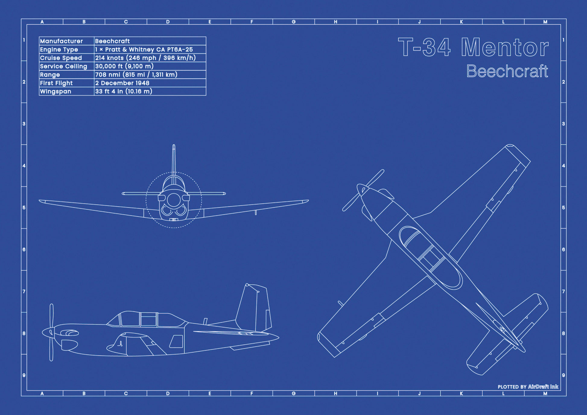 Beechcraft T-34 Mentor technical aircraft plan drawing in blueprint style, aviation wall art poster gift for aircraft enthusiasts and pilots.
