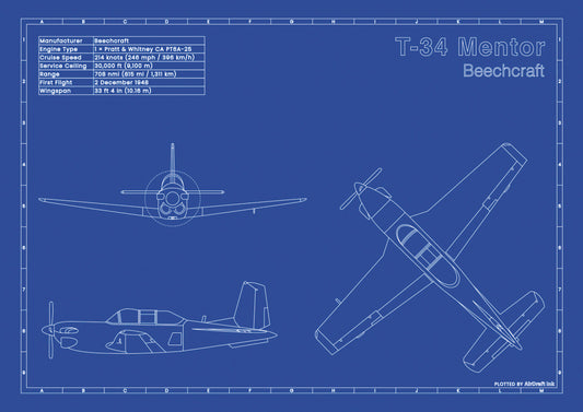 Beechcraft T-34 Mentor technical aircraft plan drawing in blueprint style, aviation wall art poster gift for aircraft enthusiasts and pilots.
