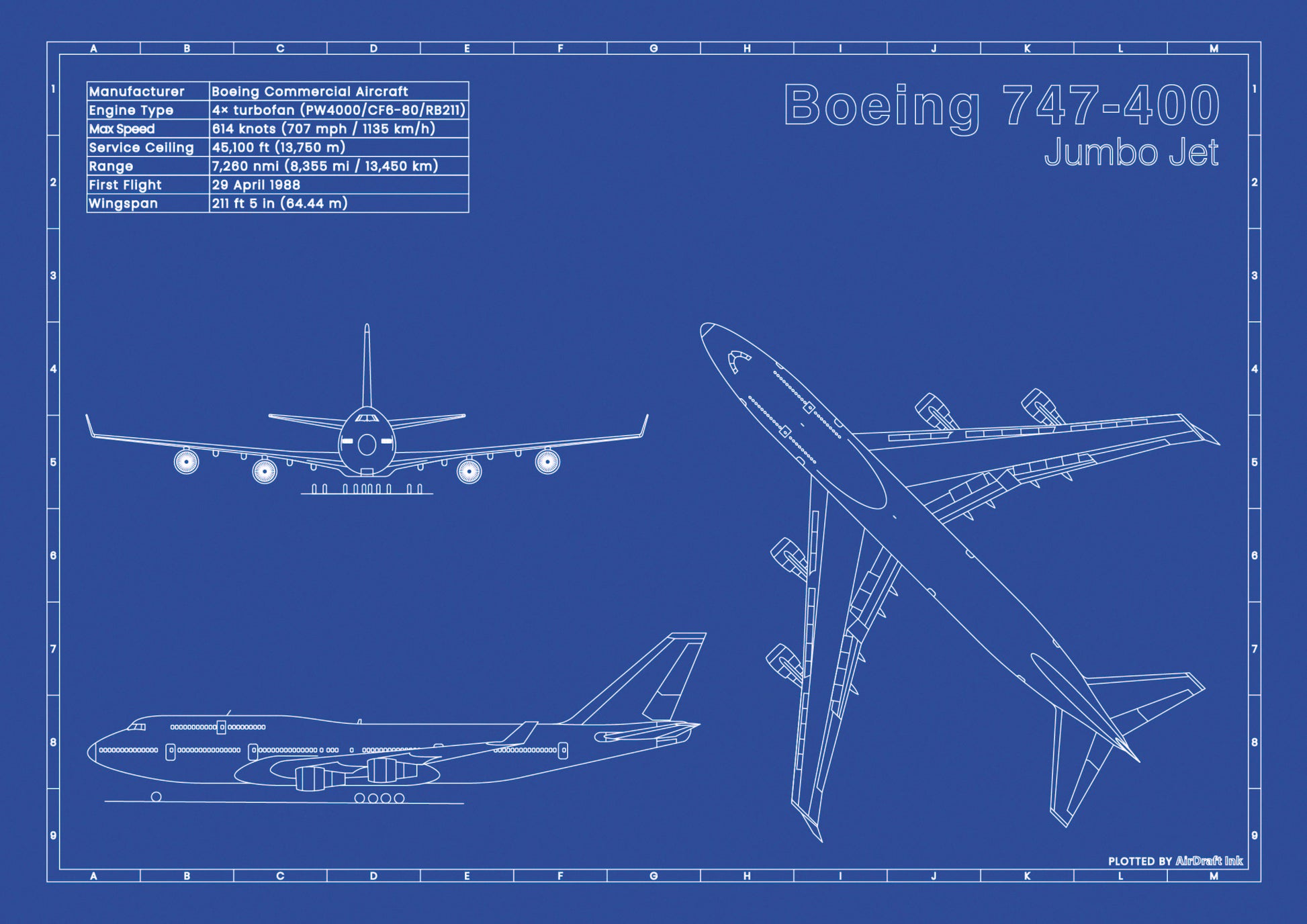 Boeing 747-400 Jumbo Jet technical aircraft plan drawing in blueprint style, aviation wall art poster gift for aircraft enthusiasts and pilots.