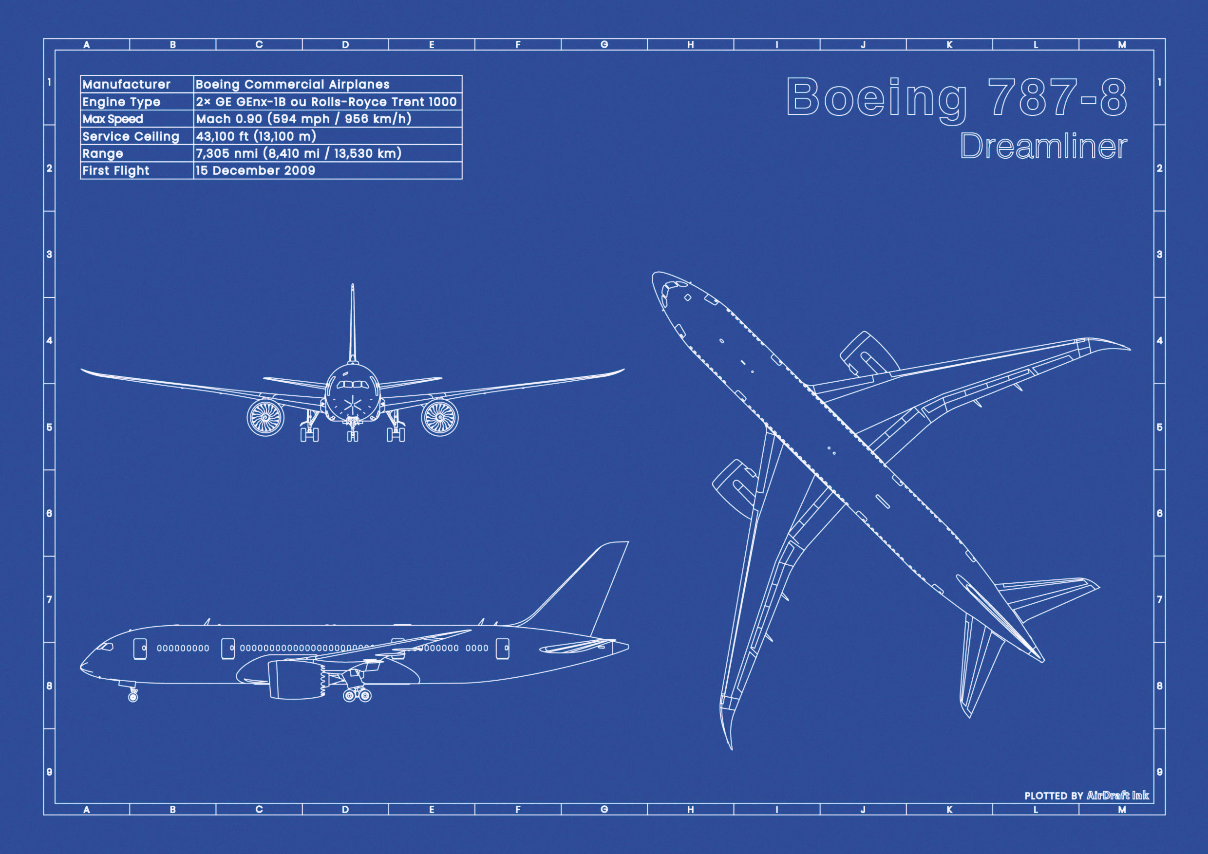 Boeing 787-8 Dreamliner｜Technical blueprint, Drawn in Ink｜Perfect gift ...