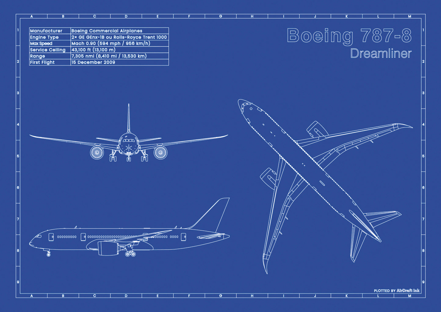 Boeing 787-8 Dreamliner technical aircraft plan drawing in blueprint style, aviation wall art poster gift for aircraft enthusiasts and pilots.