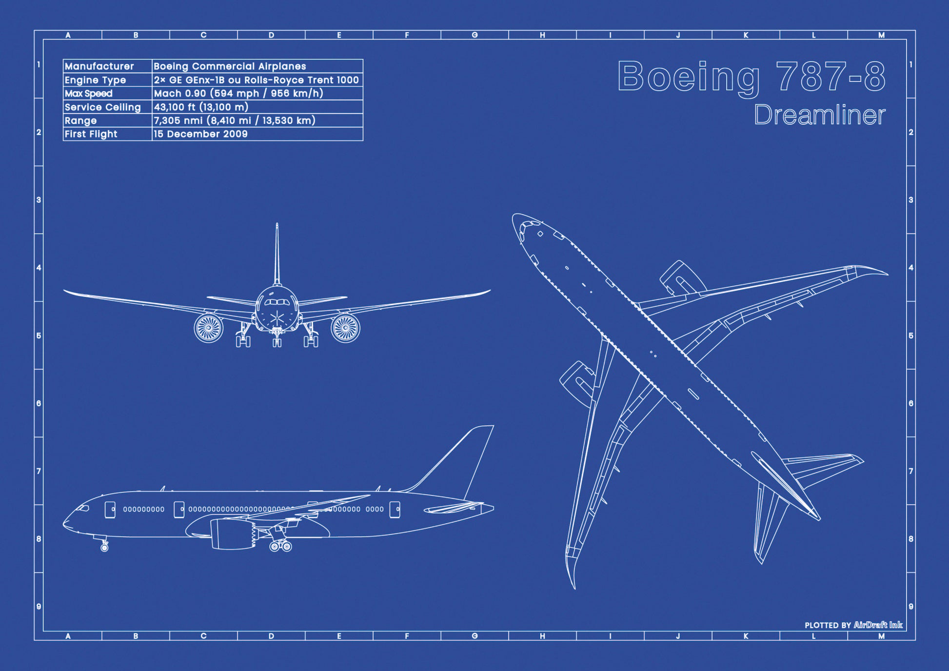 Boeing 787-8 Dreamliner technical aircraft plan drawing in blueprint style, aviation wall art poster gift for aircraft enthusiasts and pilots.
