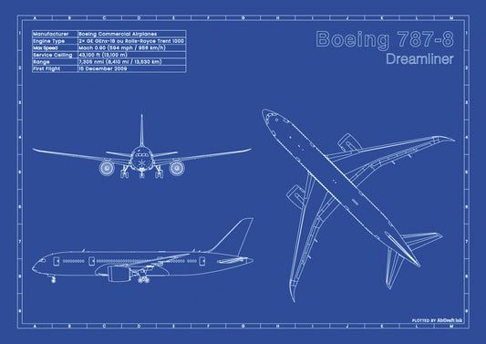 Boeing 787-8 Dreamliner technical aircraft plan drawing in blueprint style, aviation wall art poster gift for aircraft enthusiasts and pilots.