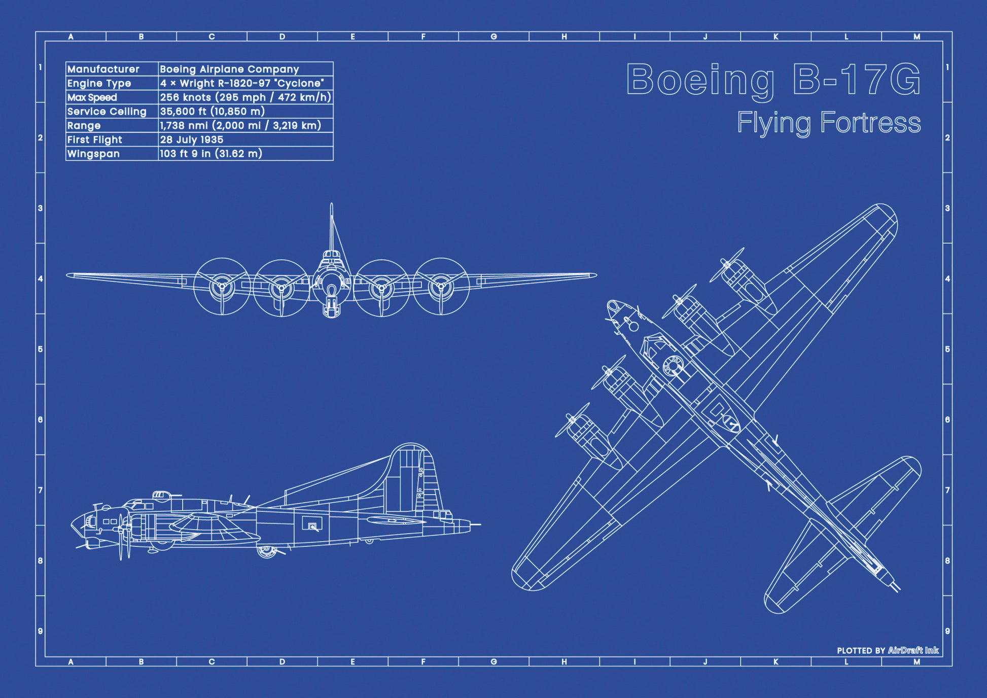 Boeing B-17G Flying Fortress technical aircraft plan drawing in blueprint style, aviation wall art poster gift for aircraft enthusiasts and pilots.