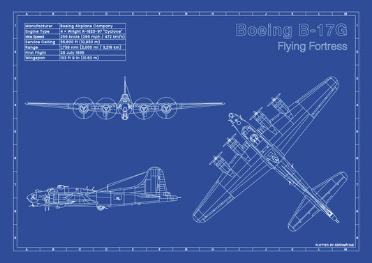 Boeing B-17G Flying Fortress technical aircraft plan drawing in blueprint style, aviation wall art poster gift for aircraft enthusiasts and pilots.