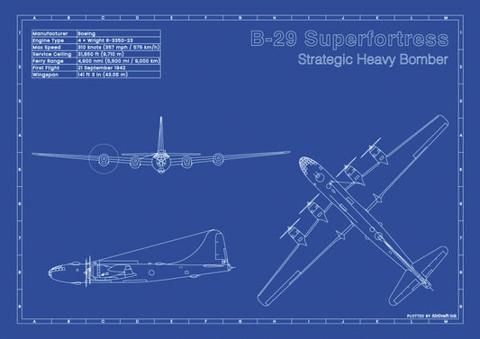 Boeing B-29 Superfortress technical aircraft plan drawing in blueprint style, aviation wall art poster gift for aircraft enthusiasts and pilots.
