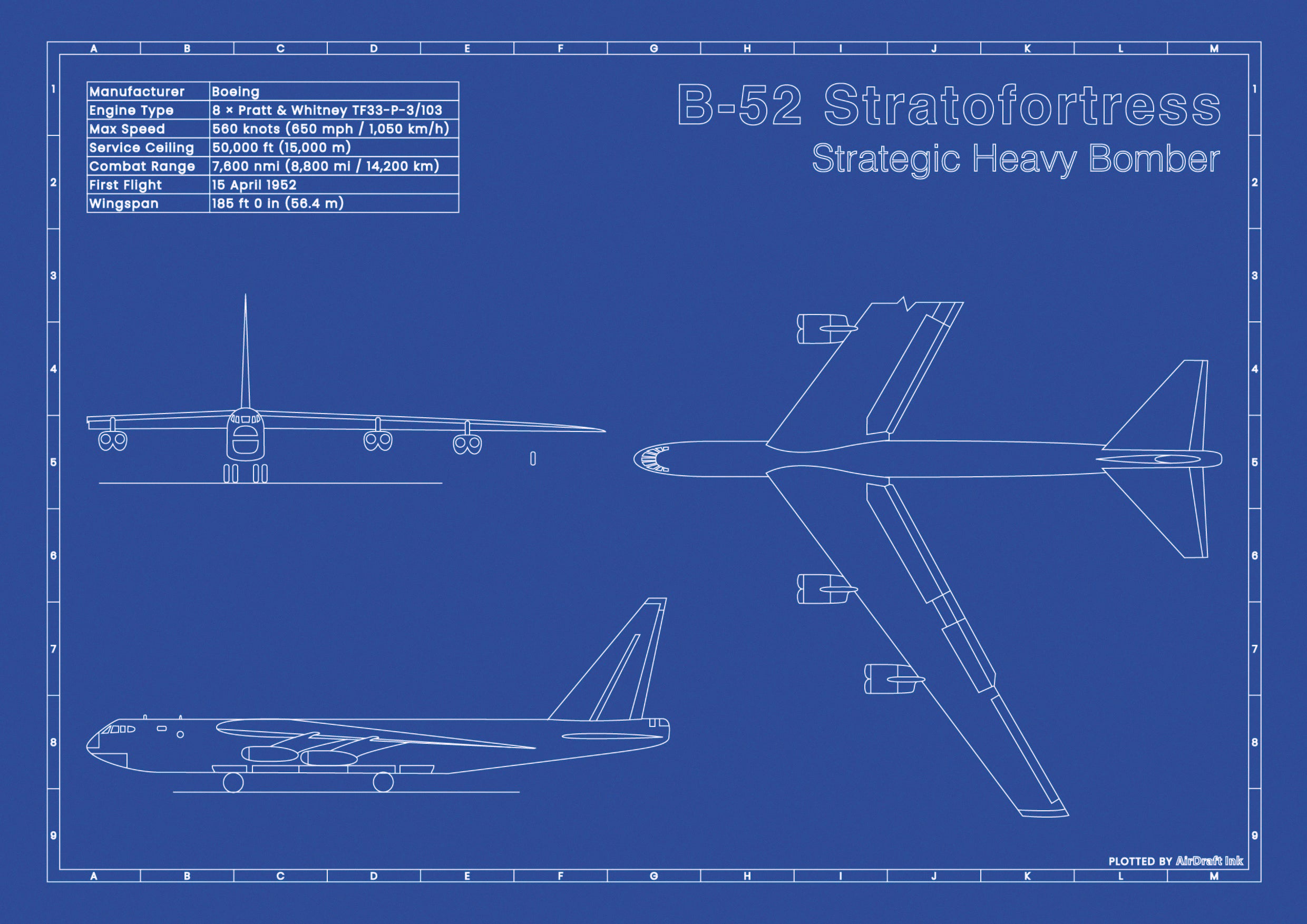 Boeing B-52 Stratofortress｜Technical blueprint, Drawn in Ink｜Perfect ...
