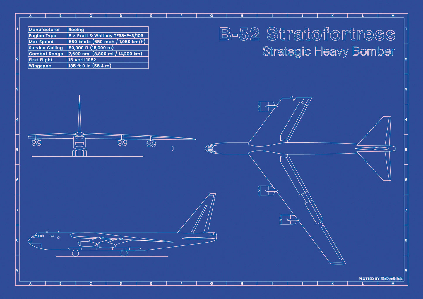 Boeing B-52 Stratofortress technical aircraft plan drawing in blueprint style, aviation wall art poster gift for aircraft enthusiasts and pilots.