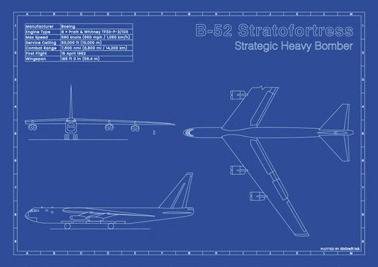 Boeing B-52 Stratofortress technical aircraft plan drawing in blueprint style, aviation wall art poster gift for aircraft enthusiasts and pilots.